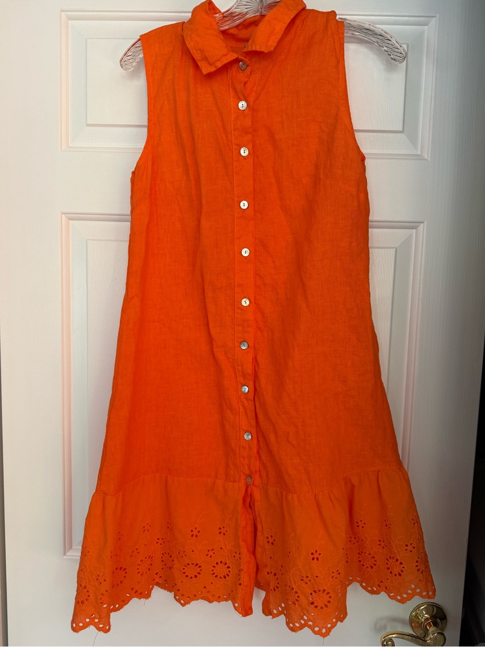 Linen Sleeveless Button-Front Orange Eyelet Hem Dress-S